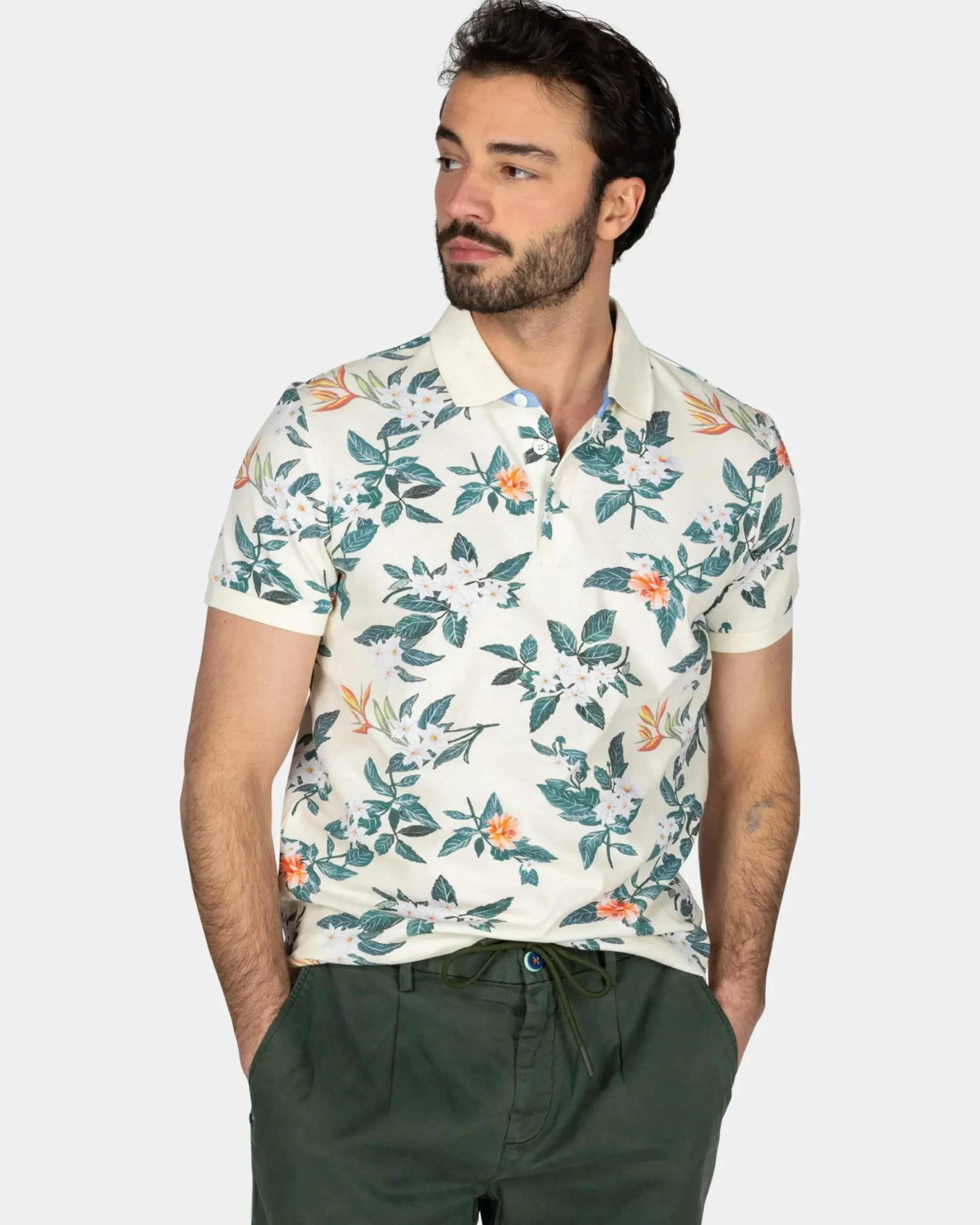 Beige polo met grote bloemenprint