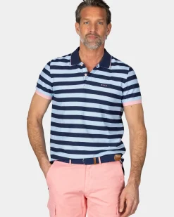 Blauwe gestreepte polo met roze details