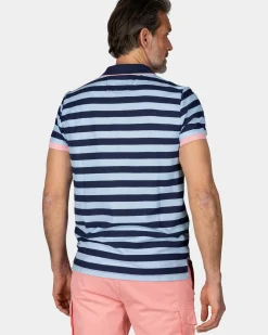 Blauwe gestreepte polo met roze details