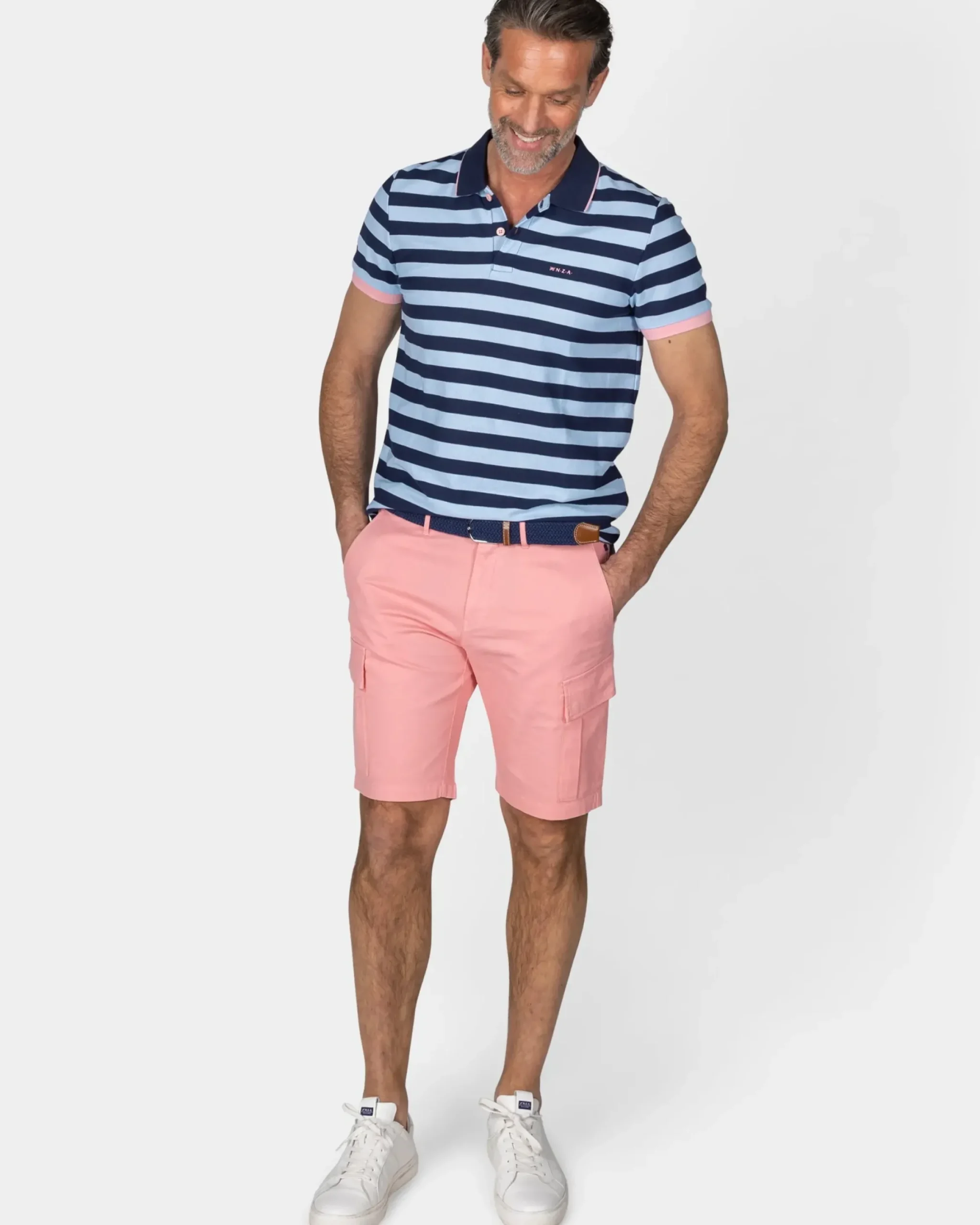 Blauwe gestreepte polo met roze details