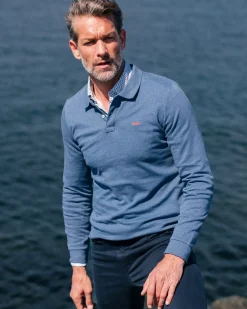 Blauwe katoenen longsleeve polo