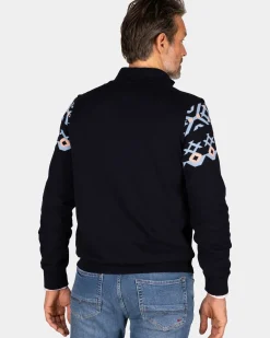 Blauwe katoenen trui met gebreid patroon