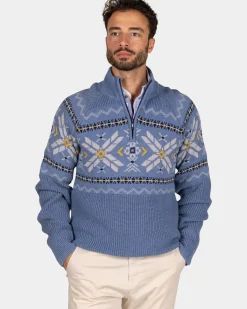 Blauwe pullover met halve rits en gekleurd motief - Mineral Blue