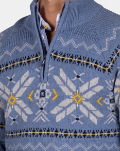Blauwe pullover met halve rits en gekleurd motief - Mineral Blue