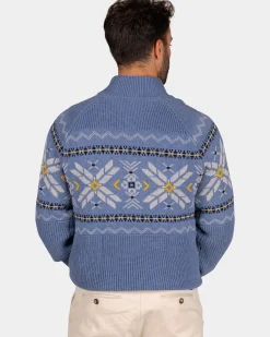 Blauwe pullover met halve rits en gekleurd motief - Mineral Blue