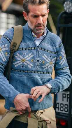 Blauwe pullover met halve rits en gekleurd motief - Mineral Blue