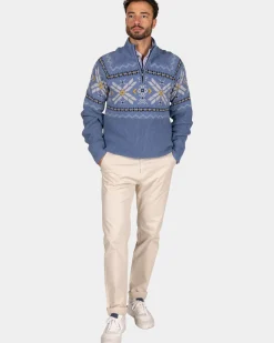 Blauwe pullover met halve rits en gekleurd motief - Mineral Blue