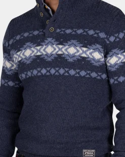 Blauwe pullover met knopen en lichtblauw motief - Tin Blue