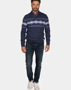 Blauwe pullover met knopen en lichtblauw motief - Tin Blue