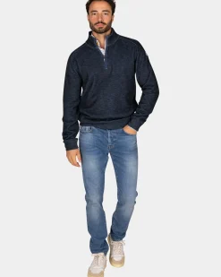 Blauwe sweater met halve rits - Tin Blue