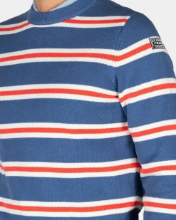 Blauwe trui met oranje witte strepen