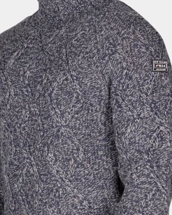 Blauwe wollen kabeltrui met col - Tin Blue
