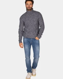 Blauwe wollen kabeltrui met col - Tin Blue