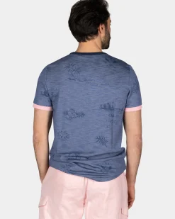 Blauw geprint t-shirt met roze details