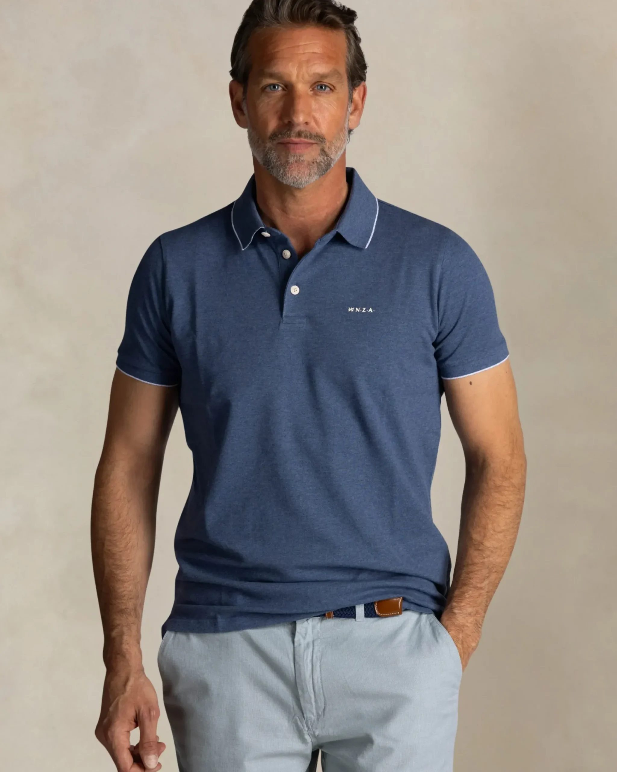 Blauw katoenen stretch polo met accentkleur