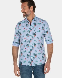 Blauw linnen katoenen overhemd met bladerprint
