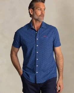 Blauw overhemd met kleine witte stippen