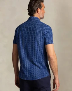 Blauw overhemd met kleine witte stippen