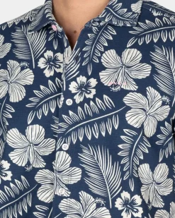 Blauw overhemd met witte bloemenprint