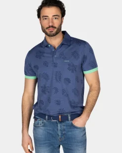 Blauw poloshirt met bladprint
