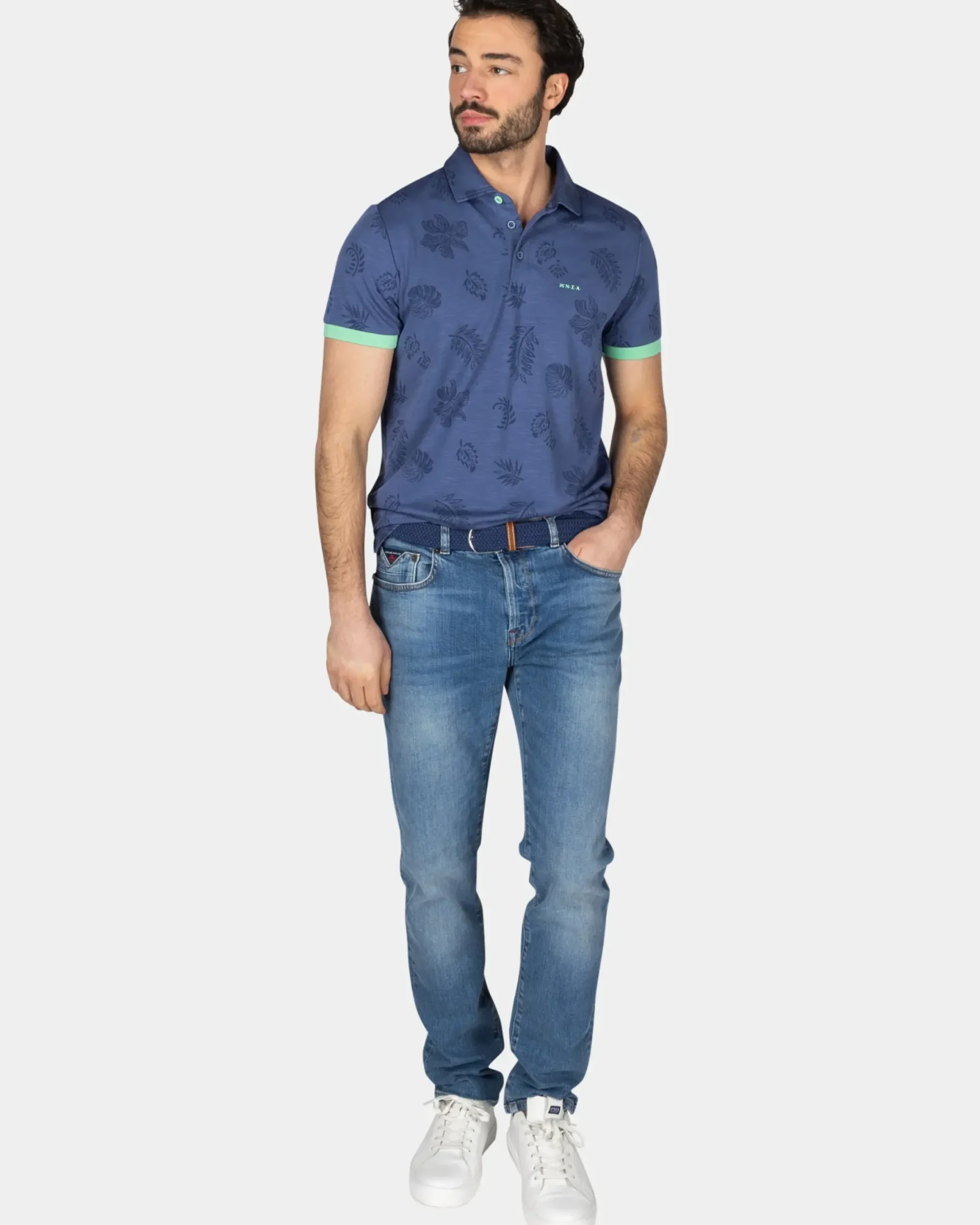 Blauw poloshirt met bladprint