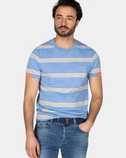 Blauw t-shirt met oranje witte strepen