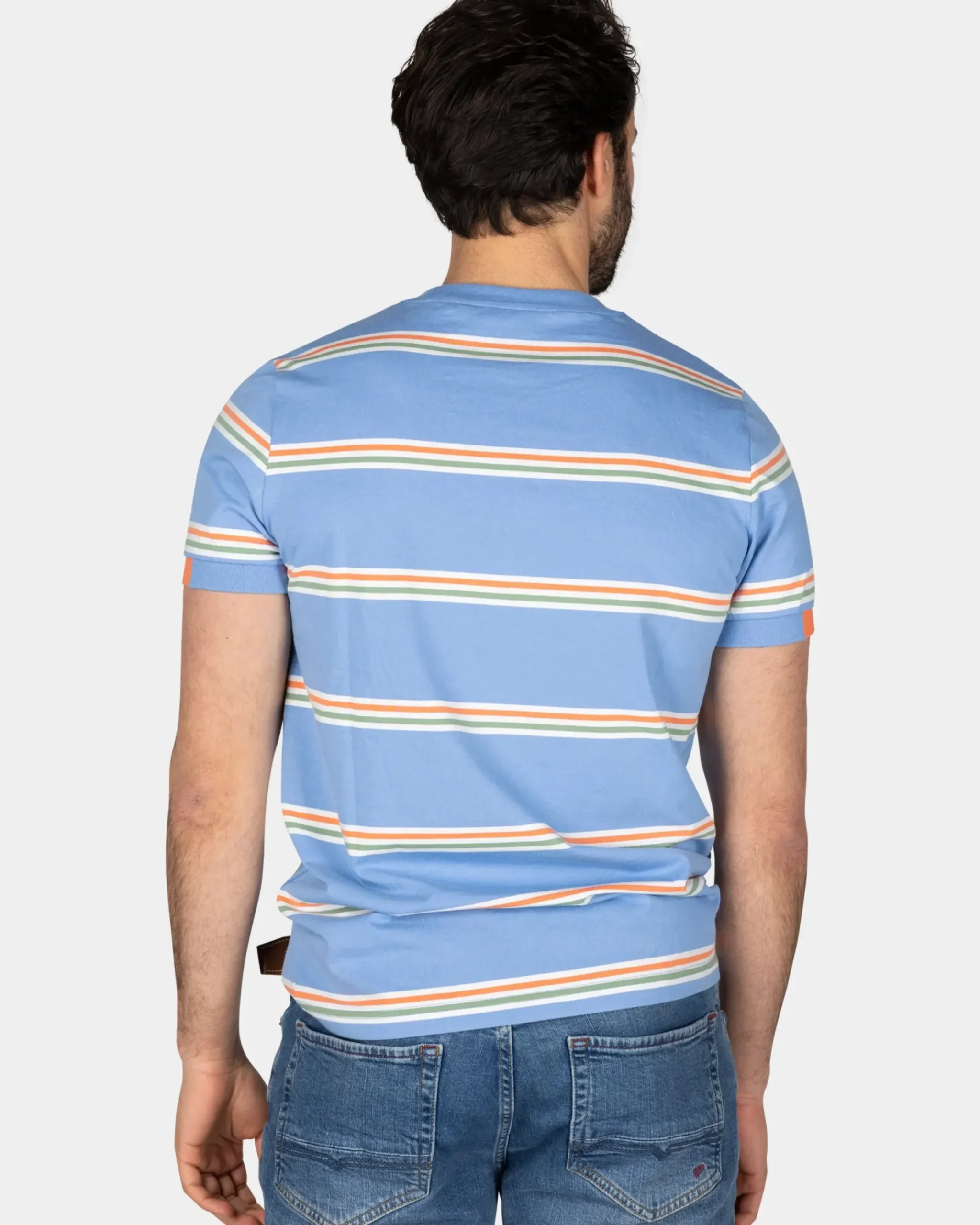 Blauw t-shirt met oranje witte strepen