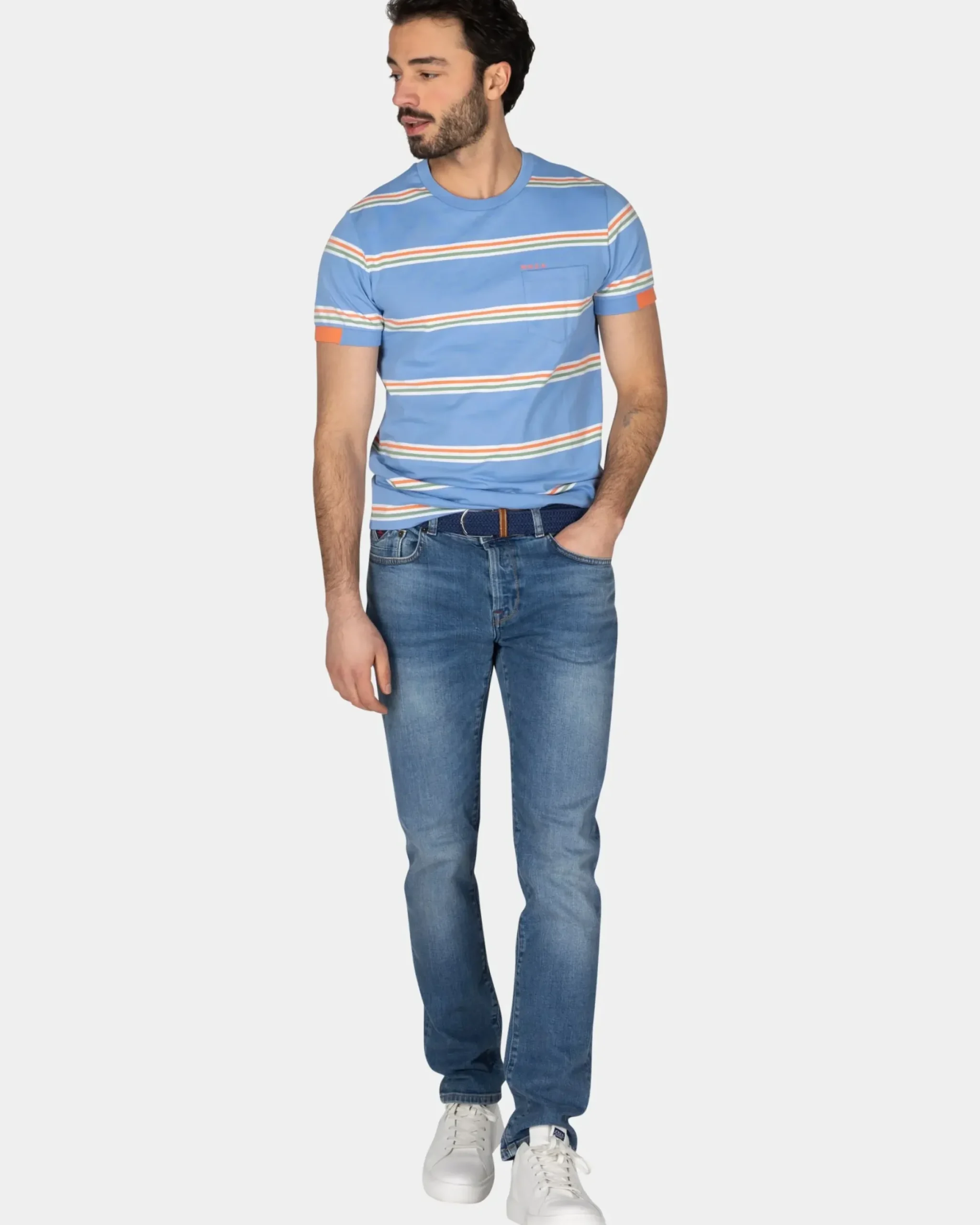 Blauw t-shirt met oranje witte strepen