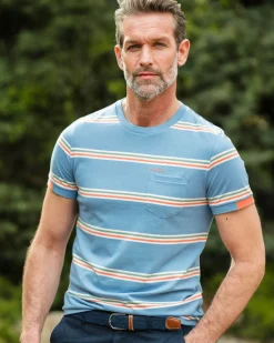 Blauw t-shirt met oranje witte strepen