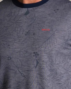 Blauw t-shirt met ronde hals en bladprint