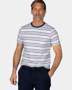 Blauw t-shirt met roze en witte streep