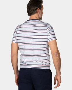 Blauw t-shirt met roze en witte streep