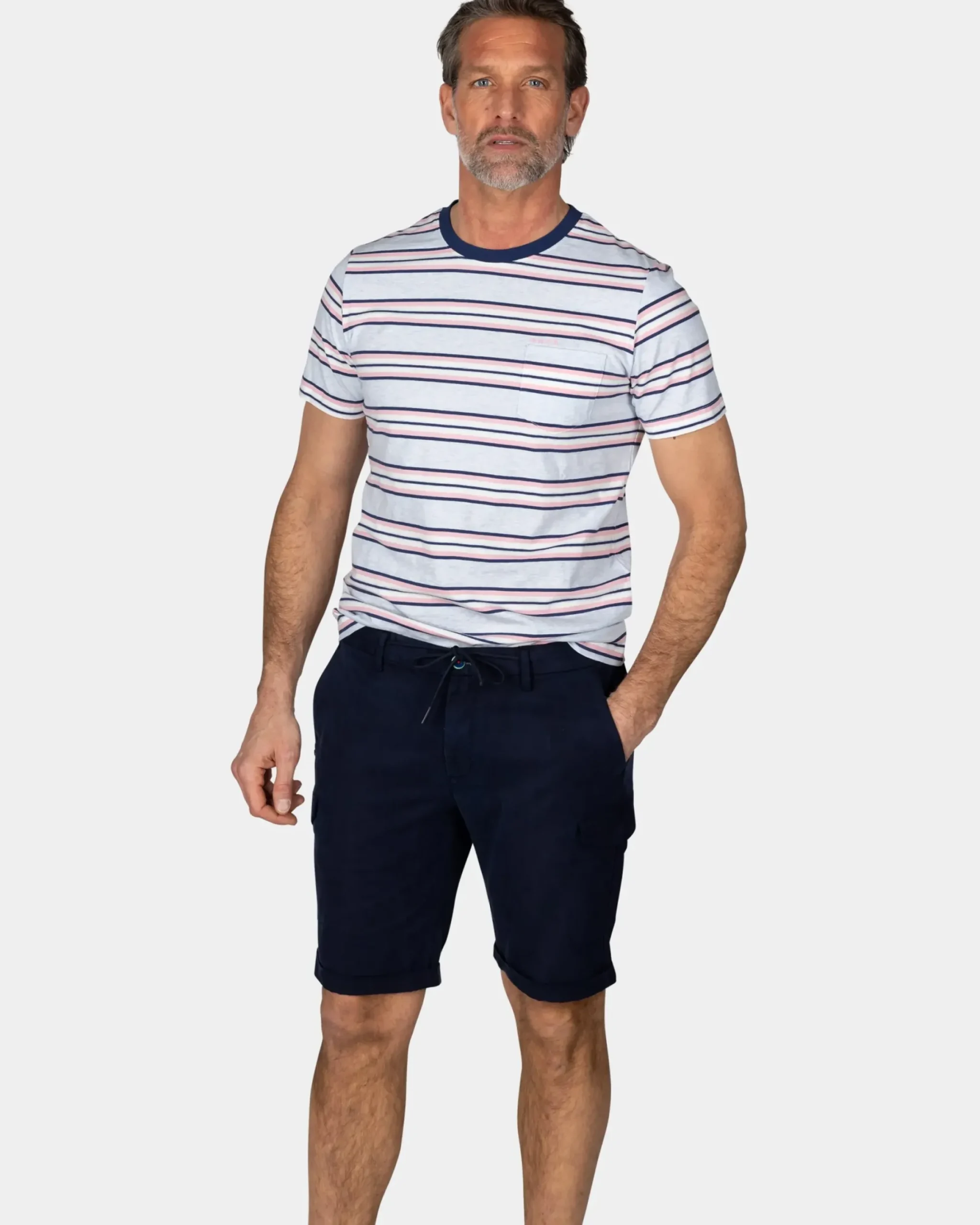 Blauw t-shirt met roze en witte streep