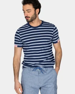 Blauw-wit gestreept katoenen t-shirt