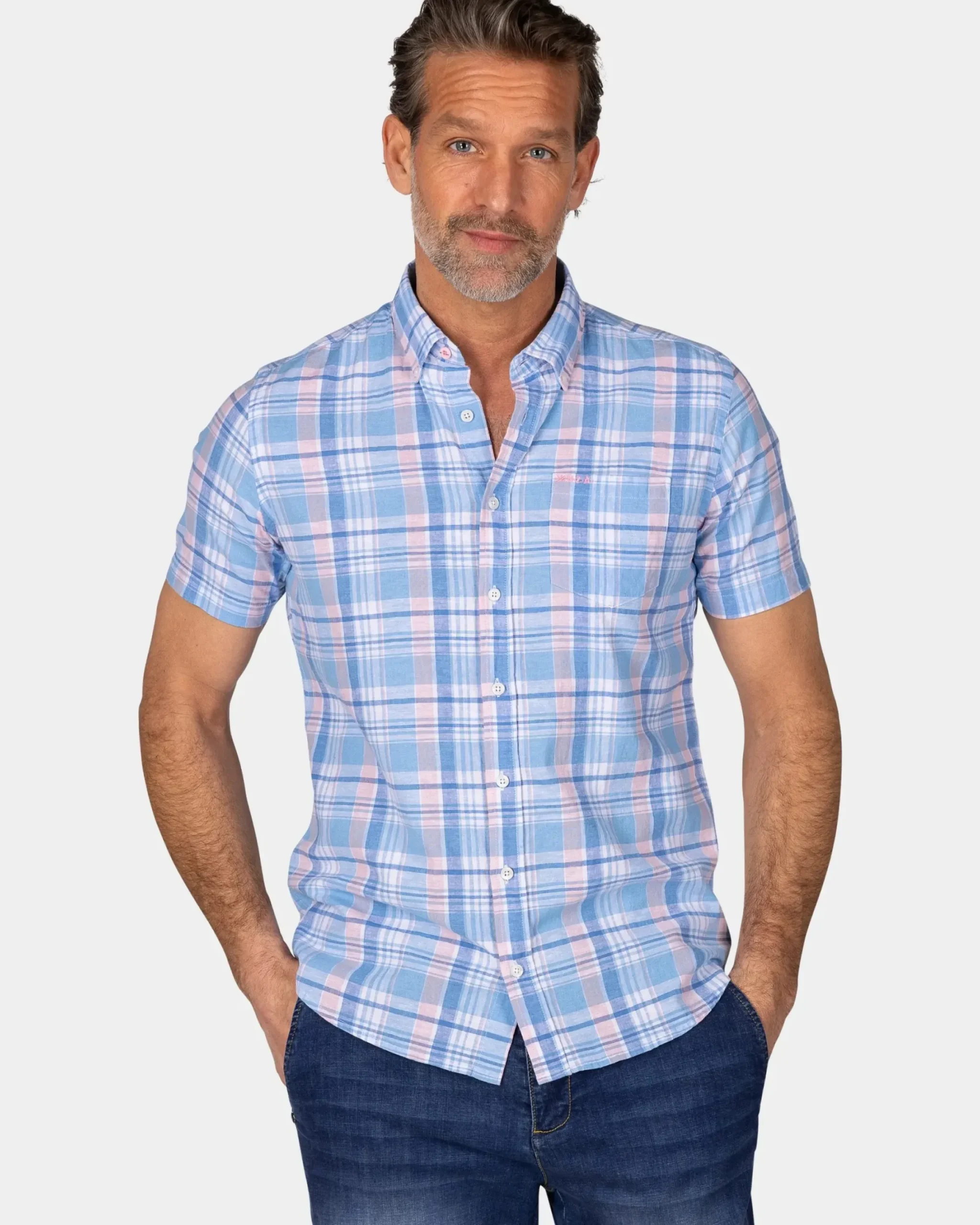 Blauw wit oranje geruit overhemd met korte mouw