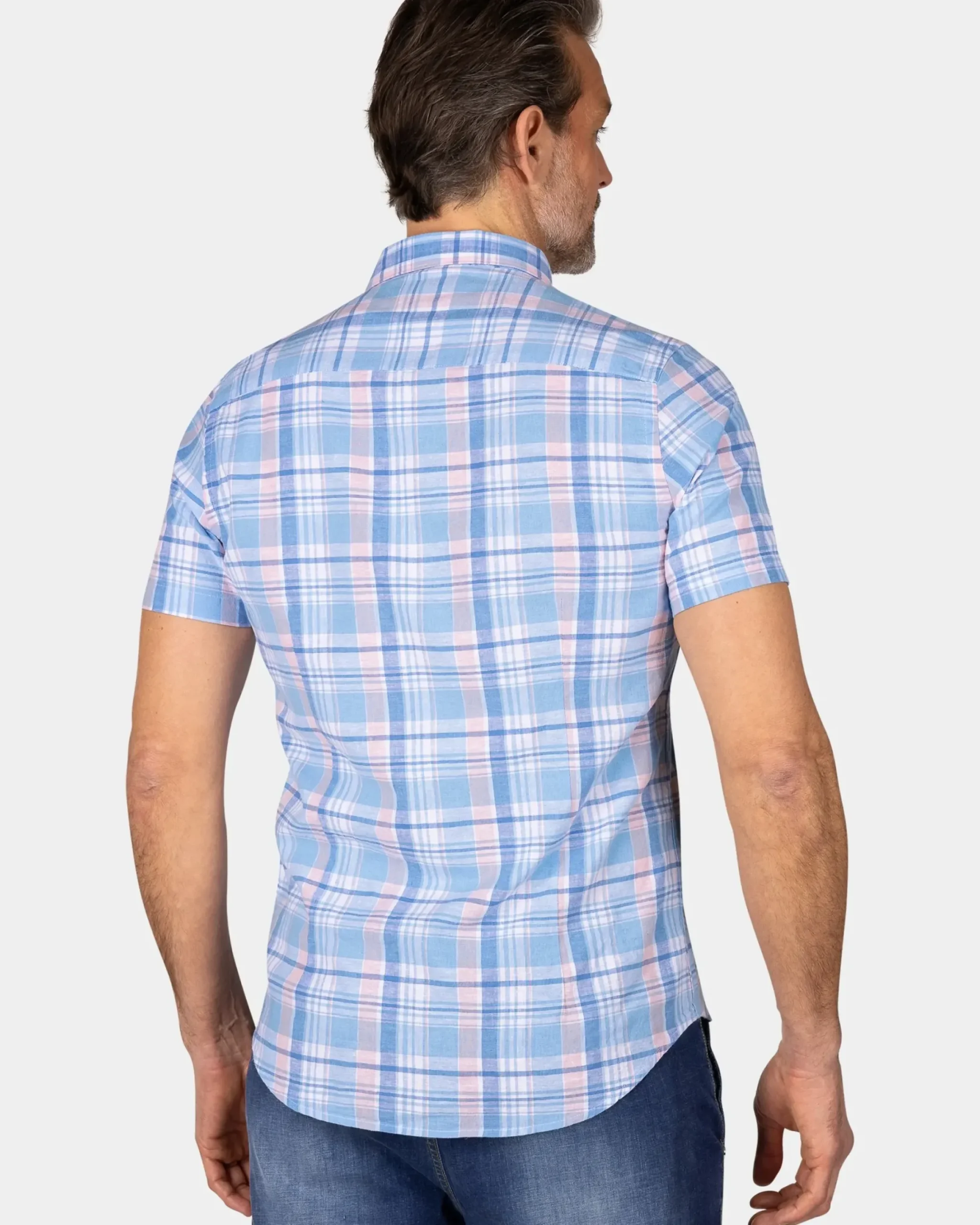 Blauw wit oranje geruit overhemd met korte mouw