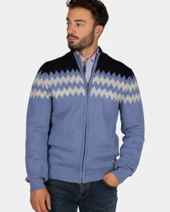 Blauw wollen vest met wit motief - Mineral Blue