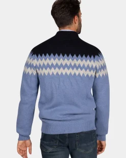 Blauw wollen vest met wit motief - Mineral Blue