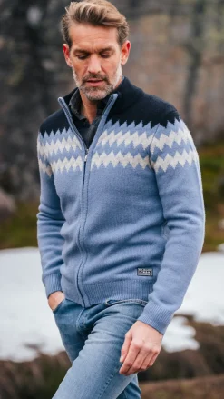 Blauw wollen vest met wit motief - Mineral Blue