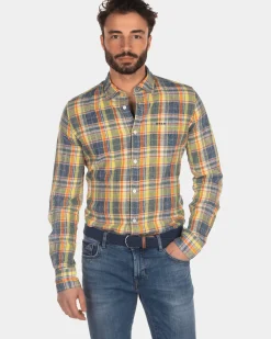 Checkered linen shirt yellow blue red - Blue Multicolour
