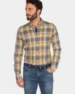 Checkered linen shirt yellow blue red - Blue Multicolour