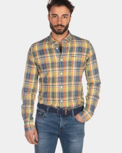 Checkered linen shirt yellow blue red - Blue Multicolour