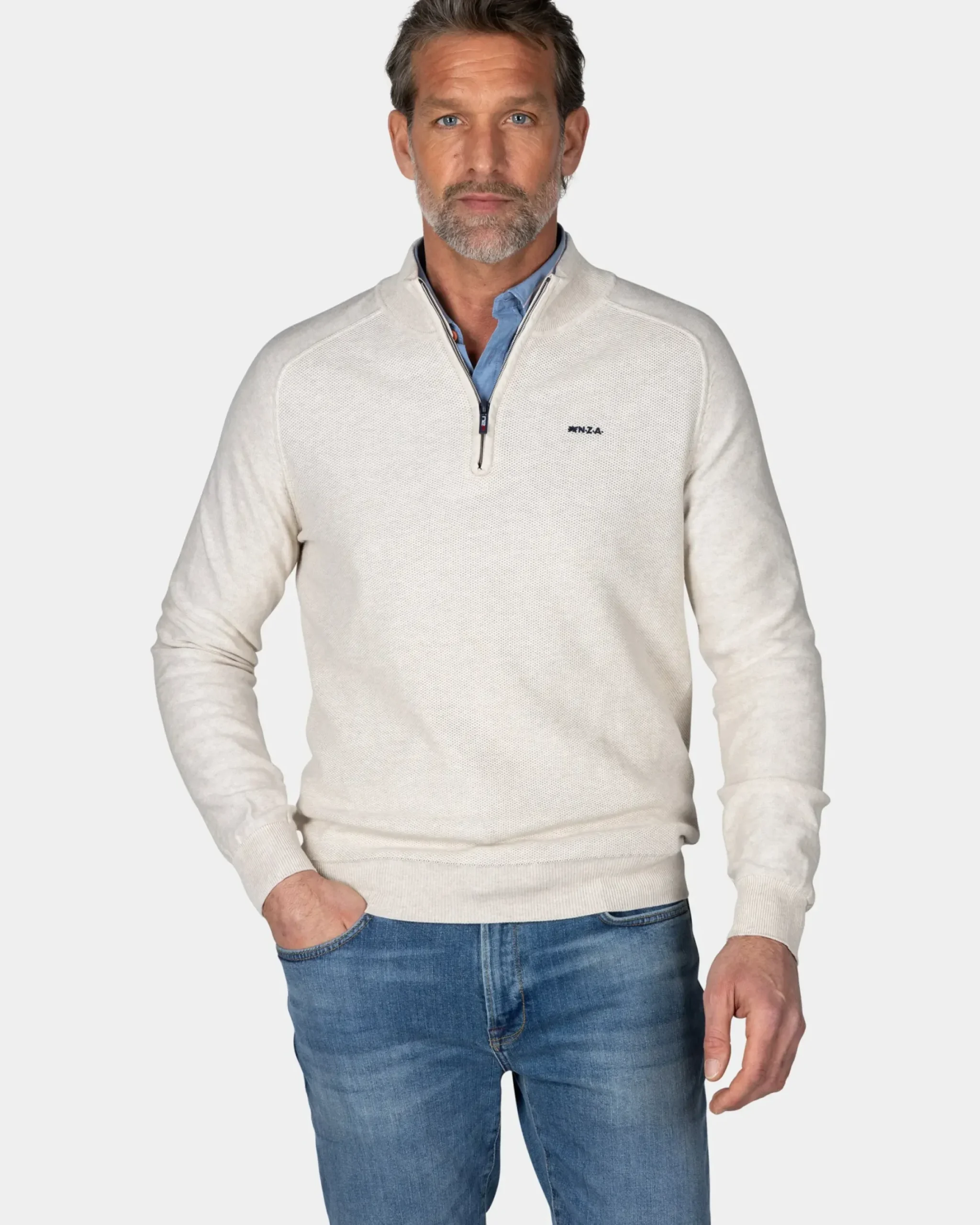 Creme beige basis pullover met halve rits