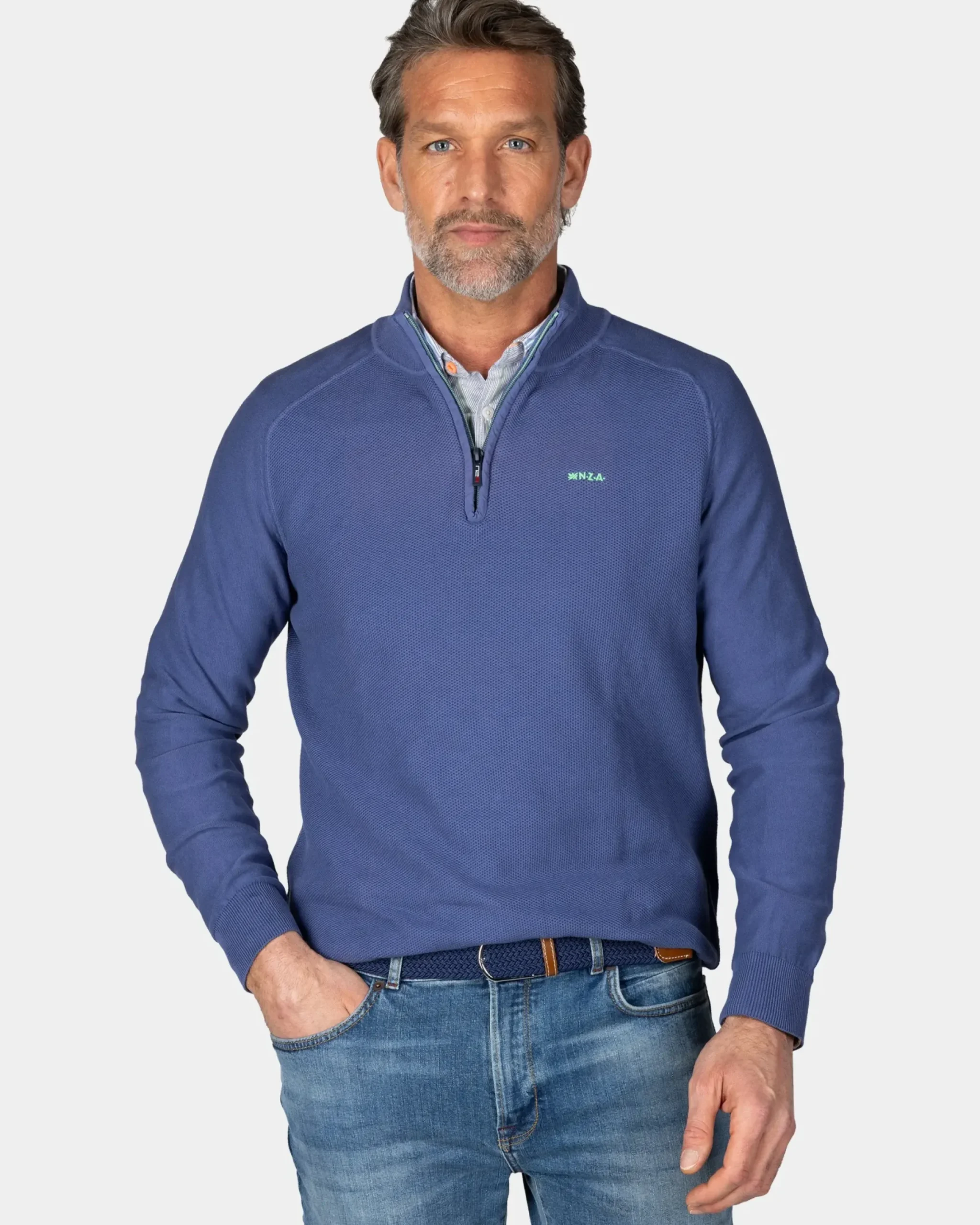 Donkerblauwe basis pullover met halve rits
