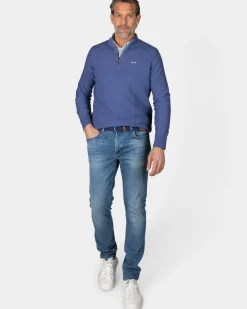Donkerblauwe basis pullover met halve rits