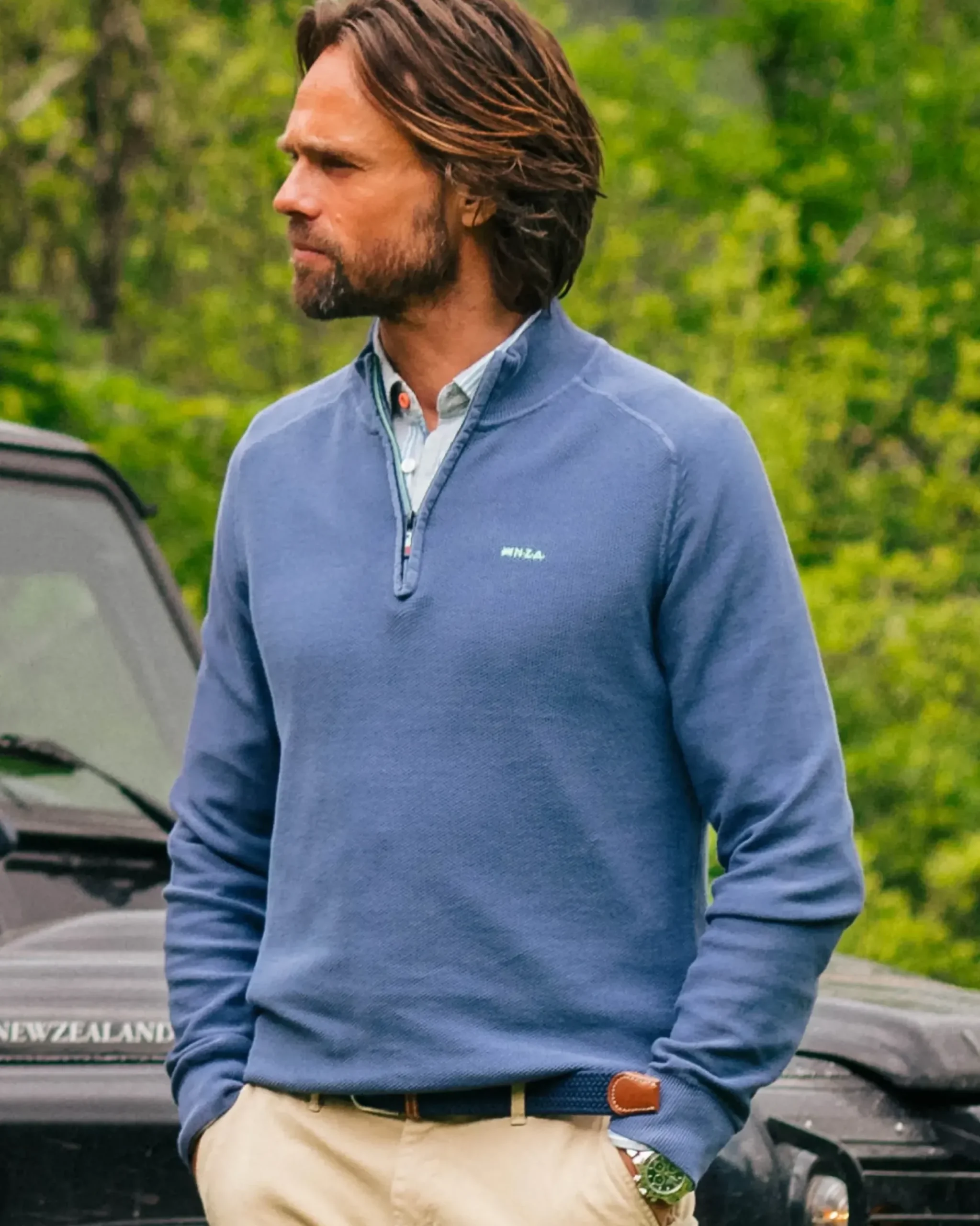 Donkerblauwe basis pullover met halve rits