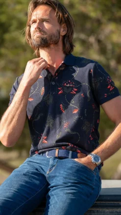 Donkerblauwe polo met bloemenprint - Traditional Navy