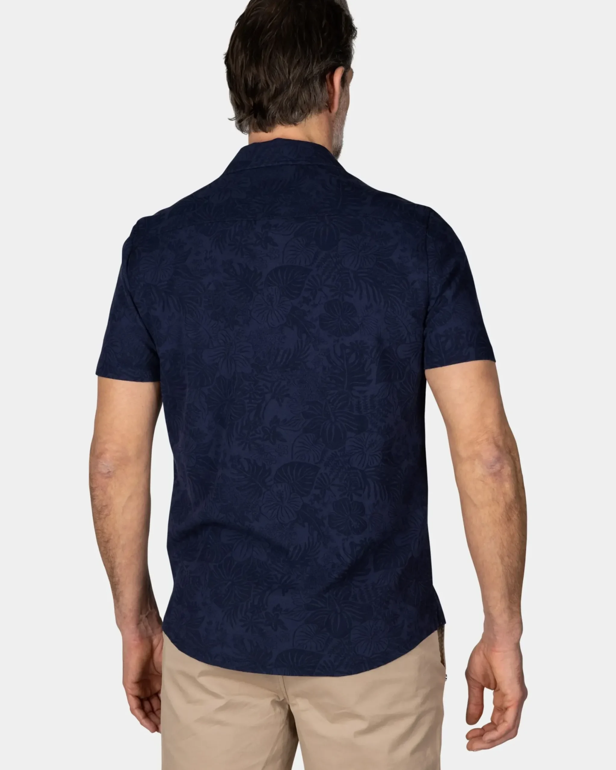 Donkerblauw overhemd met korte mouw en bloemprint