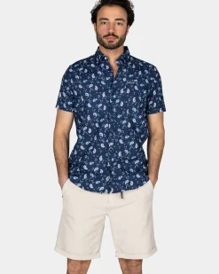 Donkerblauw overhemd met print en korte mouw