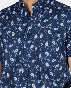 Donkerblauw overhemd met print en korte mouw